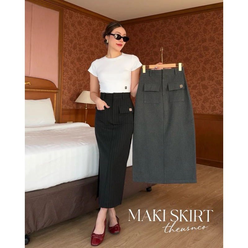 THESUNCO - MAKI SKIRTกระโปรงยาวผ่าข้างกระเป๋าหน้า ติดอะไหล่เงิน