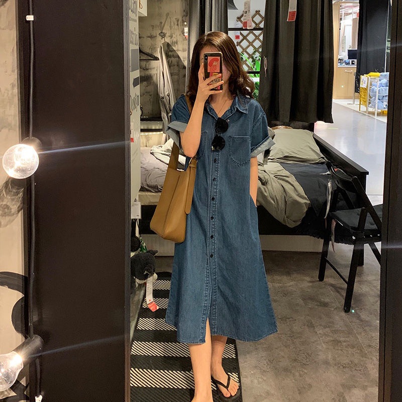 💖ชุดคลุมท้อง เดรสยีนส์ สวมใส่สบาย สไตล์เกาหลี ชุดคลุมท้องแฟชั่นน่ารัก