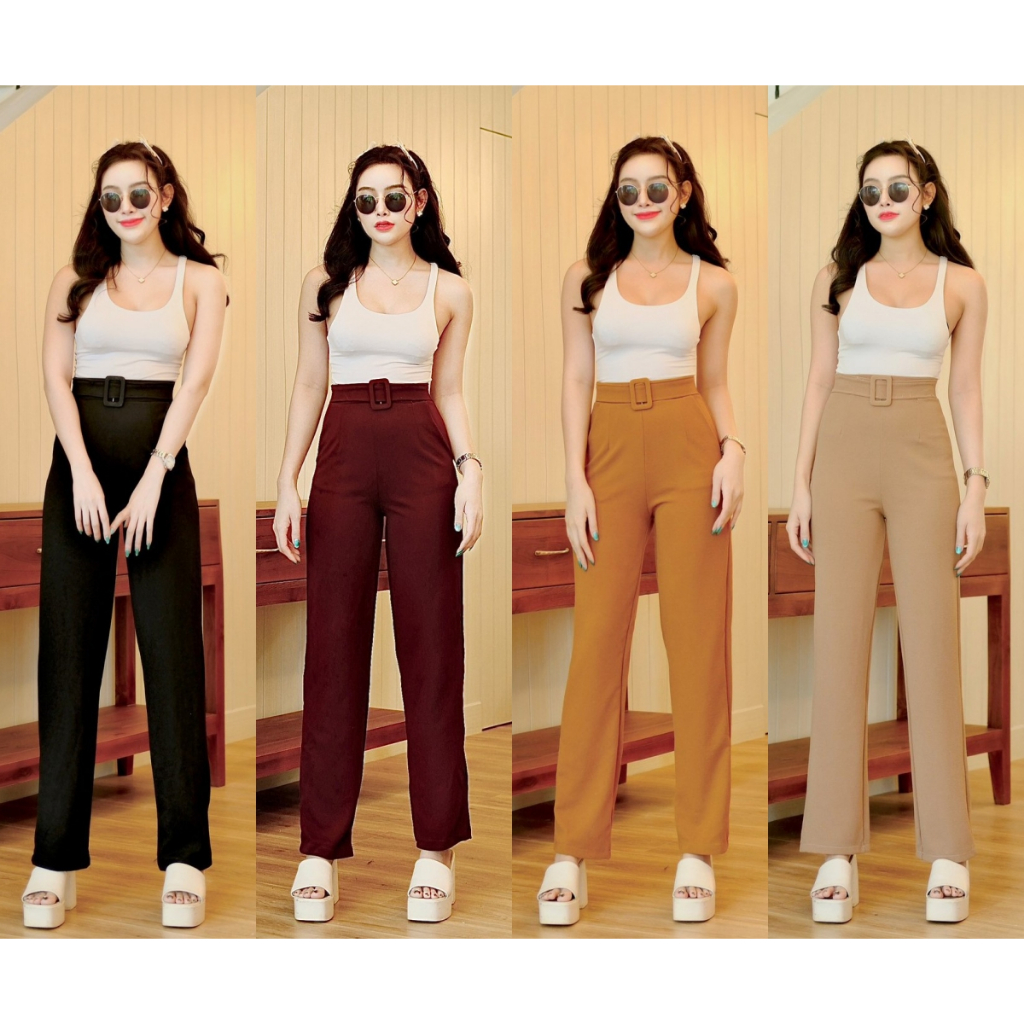 พร้อมส่ง กางเกงผ้าวูลเวฟหัวเข็มขัดเหลี่ยม (ทรงขากระบอกกลาง) (C11,C31,C51,C71) M5261