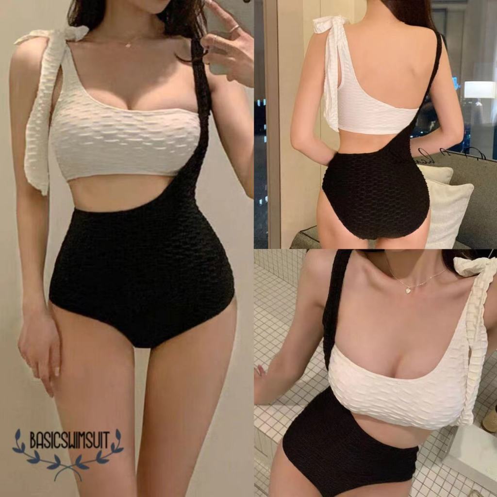 Basic swimsuit ชุดว่ายน้ำผู้หญิง เอวสูง bikini sexy แฟชั่น ดำและขาว #0155