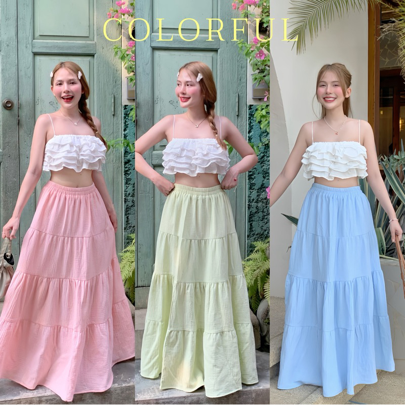 COLORFUL SET ชุดเซตเสื้อสายเดี่ยวสาลูแบบชั้น+กระโปรงสาลูสีสดใส กระโปรงยาว
