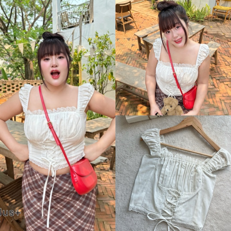 WP เสื้อสายเดี่ยว ดีเทลแต่งขอบลูกไม้สีขาว ด้านหน้าร้อยเชือกผูกโบว์ ไซส์ใหญ่ สาวอวบ