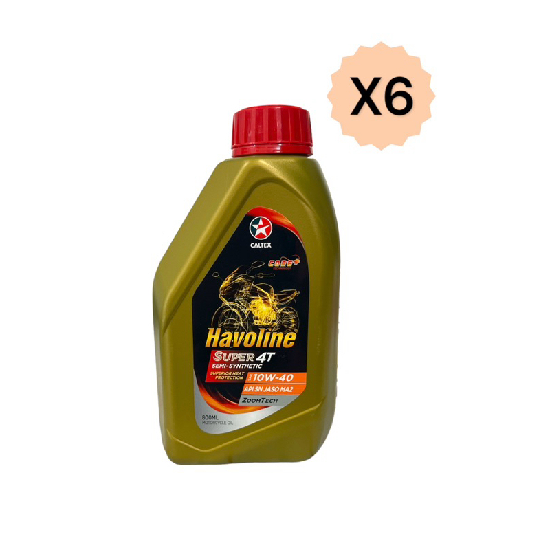 เซต 6 ขวด น้ำมันเครื่อง Caltex Havoline ฮาโวลีน ซูเปอร์ 4T เซมิซิน 10W40 API SN JASO MA2 ZOOMTECH (เกียร์ธรรมดา) 0.8 L