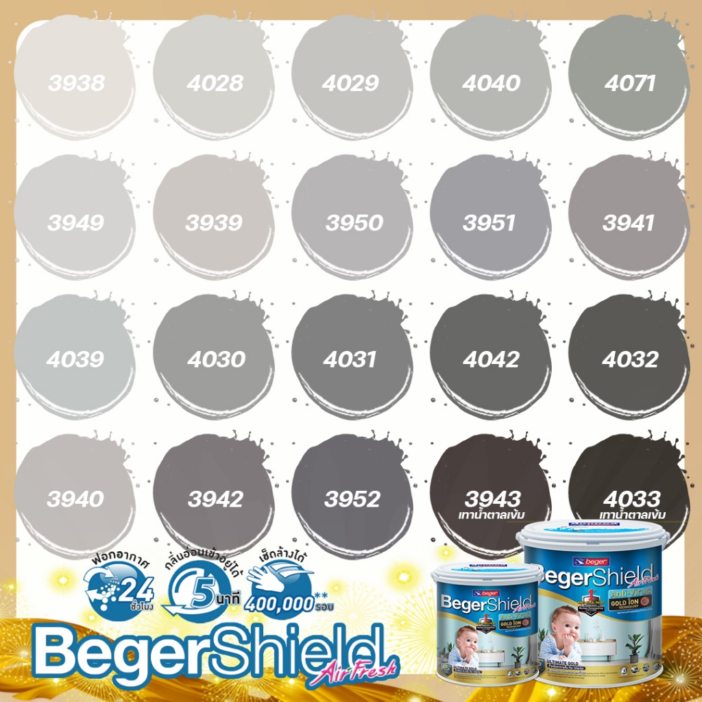 Beger Air Fresh Gold iON สีไร้กลิ่น ฟิล์มกึ่งเงา เนียน สีเทา ขนาด 9 ลิตร สีทาภายในทนทาน 15 ปี สีทาบ้าน