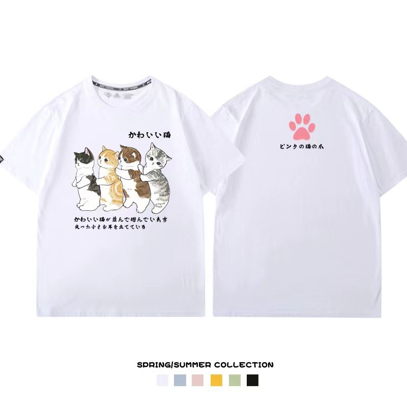 เสื้อยืด แมว 100%ผ้าฝ้ายแท้ เสื้อยืดแขนสั้นแขนสั้น S-XXXL [แมวน้อยสี่ตัว] เสื้อสกรีน