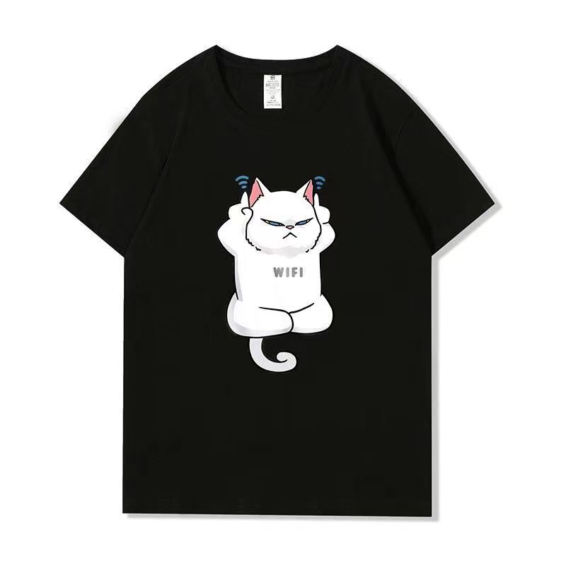 เสื้อยืด แมว✨100%ผ้าฝ้ายแท้✨เสื้อยืดแขนสั้นแขนสั้น S-XXXL [Wifi Cat] เสื้อสกรีน