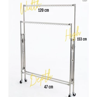 KOWAHOMEWARE CL002 ราวตากผ้าสแตนเลส 304 ราวคู่พับเก็บได้มีที่ล็อกไม้แขวนเสื้้อ 44 ชิ้น ล้อเลื่อน4ล้อ