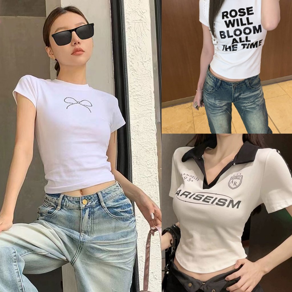 Dahong เสื้อคอปเพชรโบว์ เสื้อยืดแฟชั่นผู้หญิง ดูผอมและเซ็คซี่ ผู้หญิง น่ารัก สไตล์ เท่ 2633