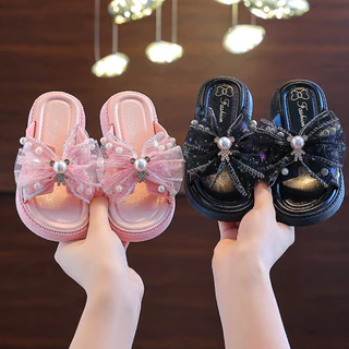 Babyonline(X368)2F3-6 (ส่งด่วน1วัน)รองเท้าแตะเสริมส้นแต่งไข่มุกสำหรับเด็กผู้หญิงสุดน่ารัก พื้นนุ่ม กันน้ำ มีกันลื่น