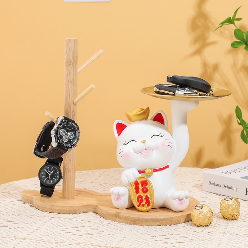 พร้อมส่ง ของตกแต่งบ้าน ตุ๊กตาแมวนำโชค แมวถือถาด ถาดเก็บกุญแจ/ของกินเล่น/เครื่องสำอาง ส่งไว ของขวัญขึ้นบ้านใหม่