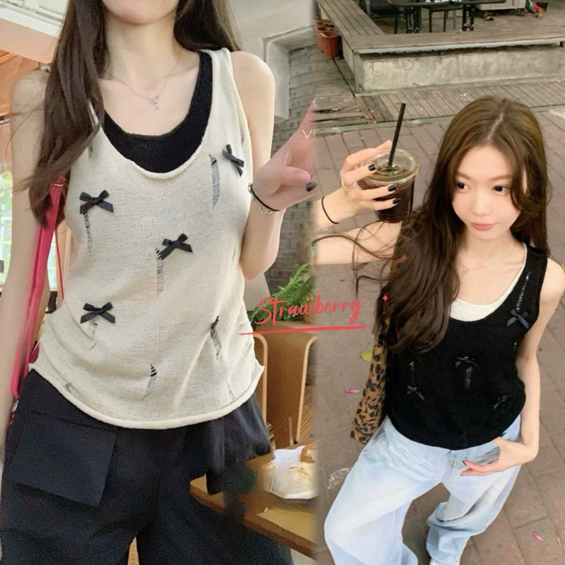 STR พร้อมส่ง เสื้อกล้ามครอปผู้หญิง 2ชิ้นดีไซน์เก๋ มีโบว์เล็กๆติดเสื้อ ทรงหลวม ผ้าไหมพรหมไม่คัน สไตล์เกาหลี แฟชั่นมาก
