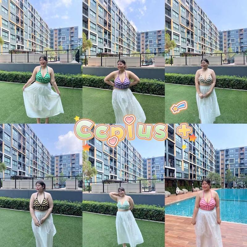 CiCi Plus+(Q69)บราสายเดี่ยวคล้องคอ สีสันสดใสลายคลื่นน่านัก มีฟองน้ำในตัว สาวอวบพลัสไซส์