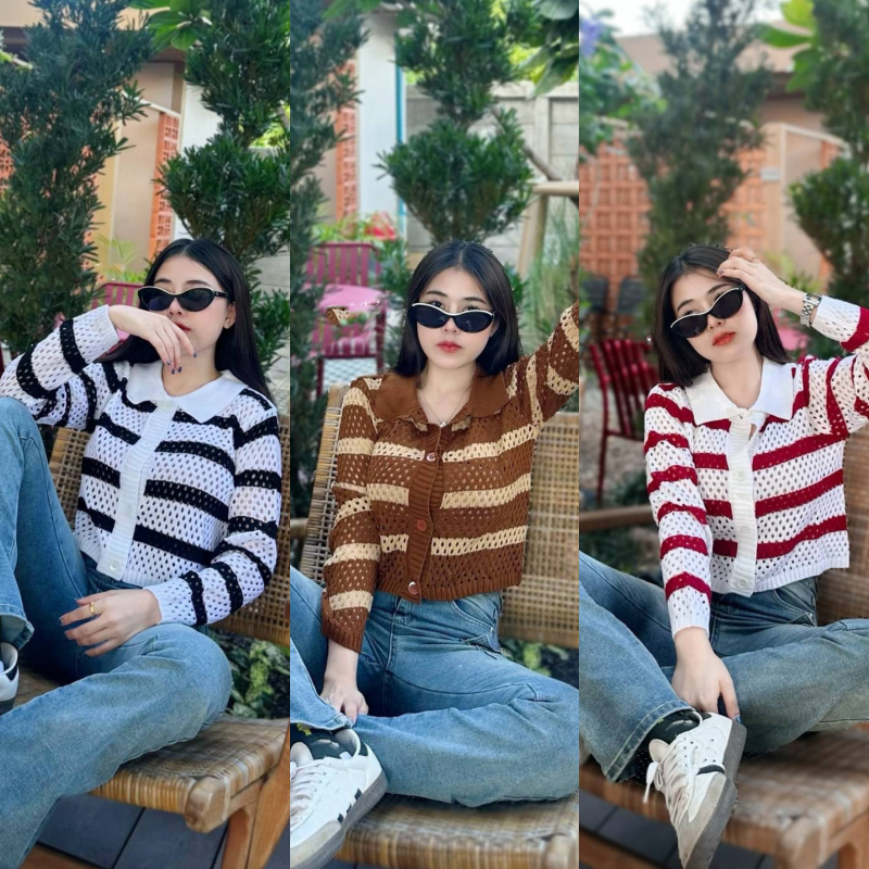 เสื้อแขนยาวงานทอฉลุ ผ้าลายคาดเส้นตัดสี สาวอวบใส่ได้ค่า งานคอโปโลกระดุมผ่าหน้า พร้อมส่งจ้า รุ่น กันแสง