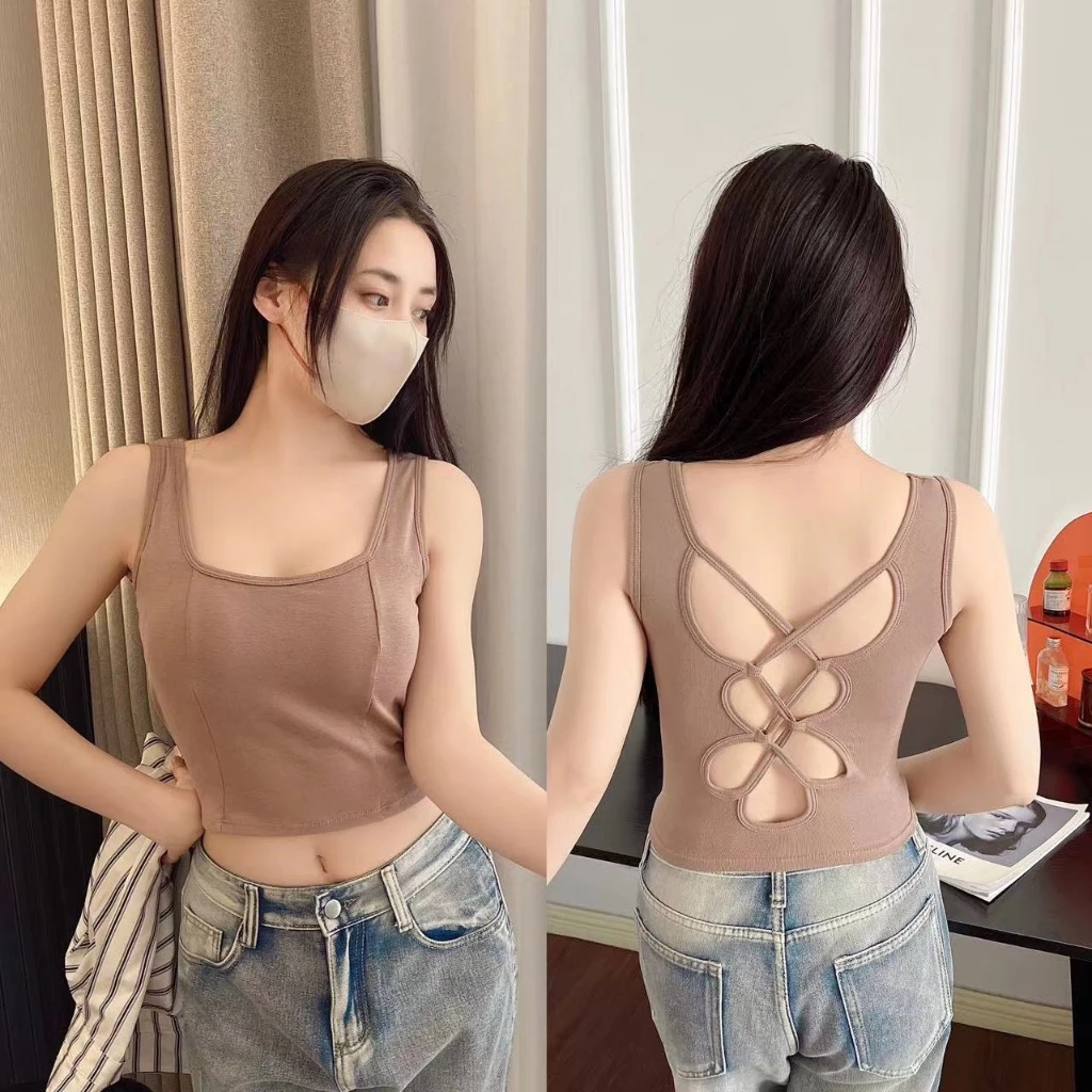 เสื้อกล้ามแขนกุด เข้ารูป เข้ากับทุกการแต่งกายแฟชั่นเปิดหลังสุดเซ็กซี่ สีพื่น สำหรับผู้หญิง V145