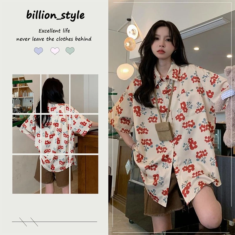 STYLE W370 เสื้อแขนสั้น ลายดอก ทรงโอเวอร์ไซส์