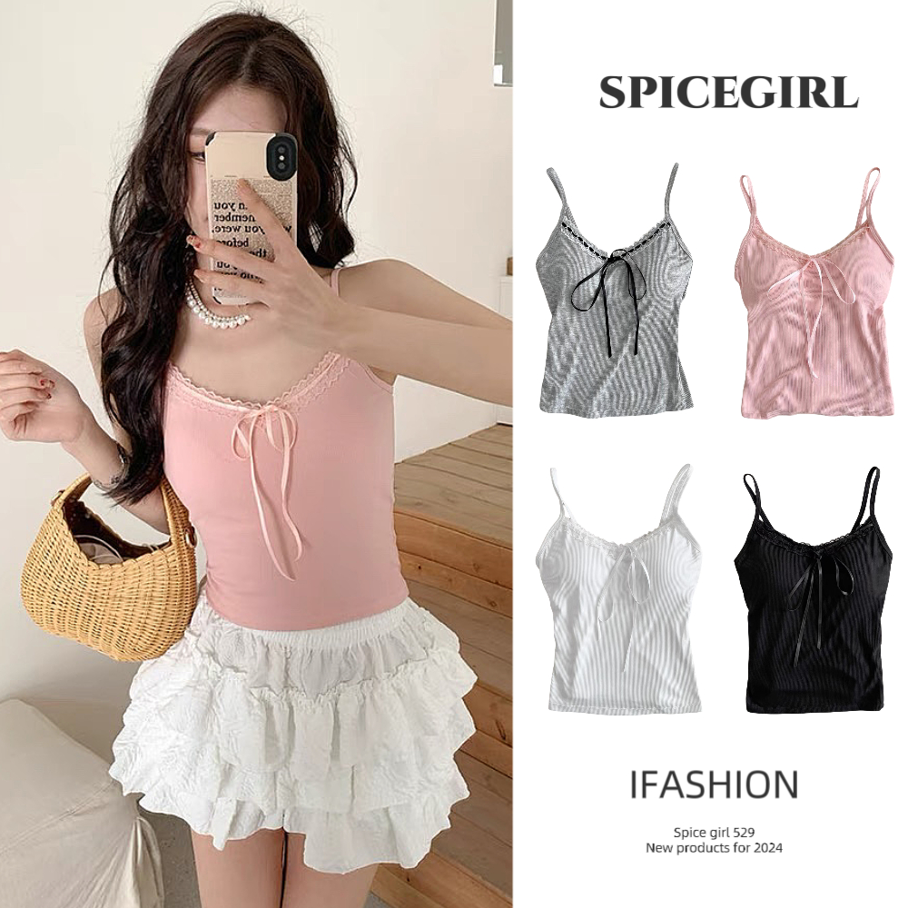 🩰Spice girl🩰พร้อมส่งไทย เสื้อสายเดี่ยว แผ่นหน้าอกลูกไม้ตกแต่งโบว์ ผ้าฝ้าย ใส่สบายนุ่ม มี4สีให้เลือก ทรงสลิมฟิต