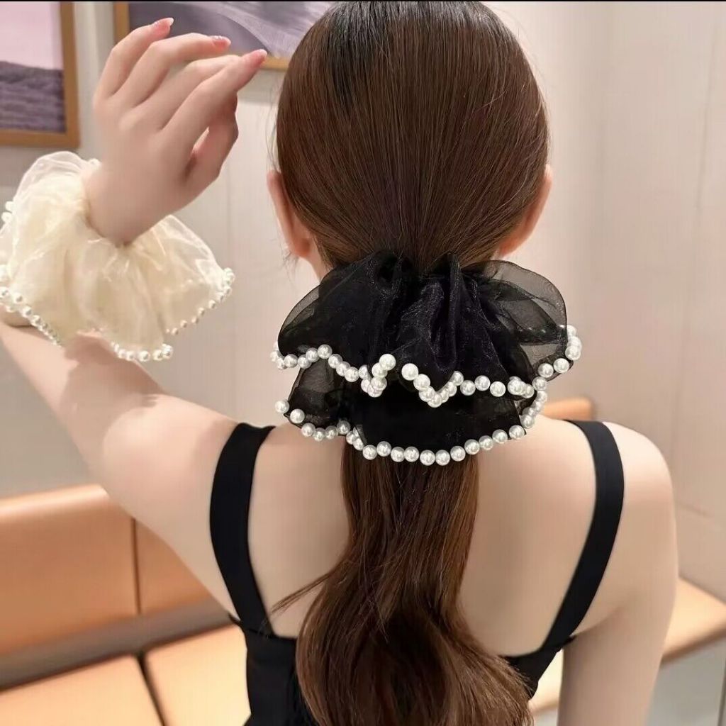 ยางรัดผมผ้าชีฟอง แต่งระบายมุก ผ้าพริ้ว สไตส์ลูกคุณหนู น่ารักสุด โดนัทมัดผม ยางรัดผม