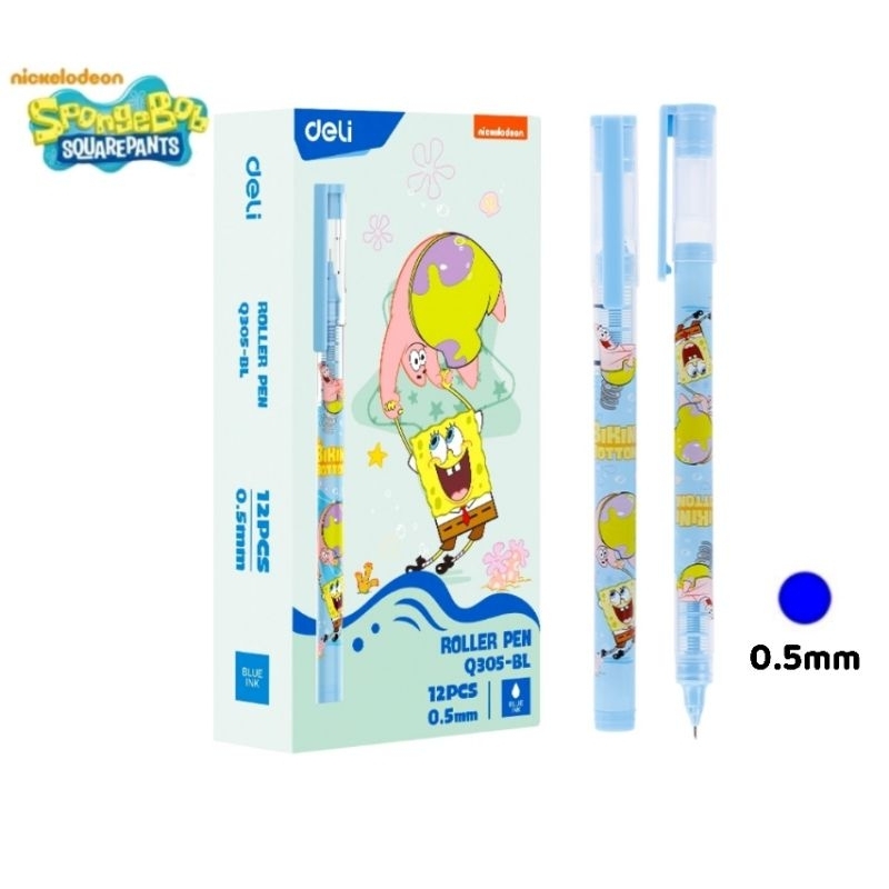 Deli ปากกาเจลหัวเข็ม แบบปลอก Q305 ลายลิขสิทธิ์ SpongeBob ขนาด 0.5 มม. หมึกน้ำเงิน (ราคาต่อ 1 ด้าม)
