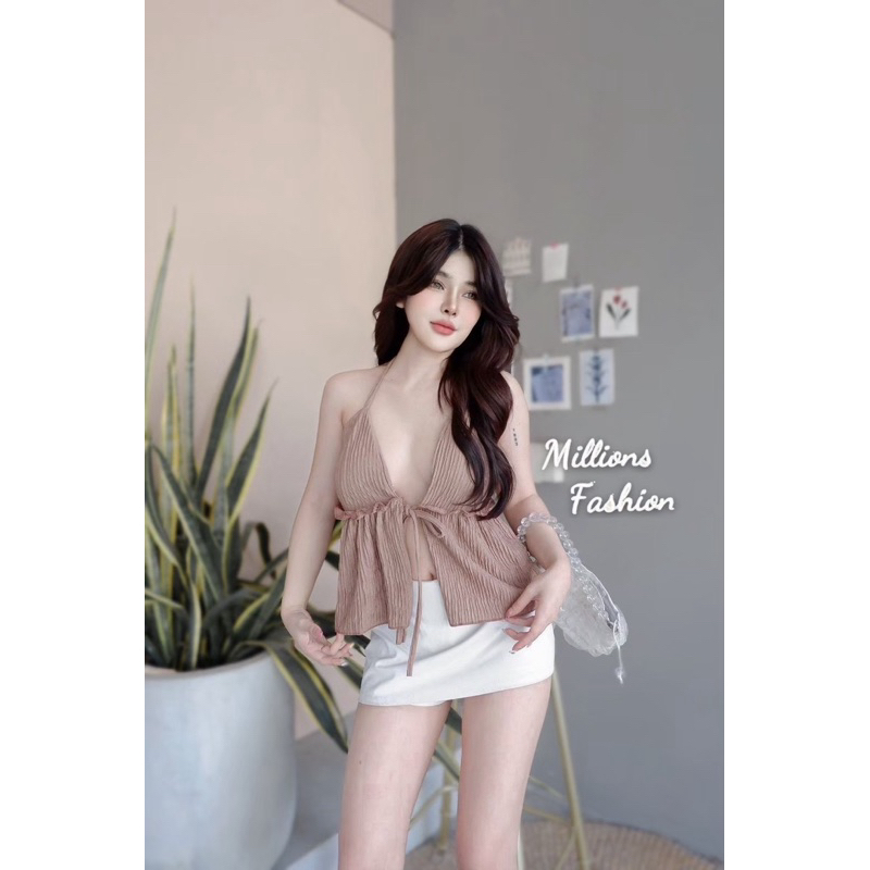 🎊mnv_shop🎊 เสื้อสายเดี่ยวคอวี ผ้าท๊อฟฟี่ แต่งสายผูกคอ ทรงสวย เช็กชี่สุดๆ - รูปที่ 2