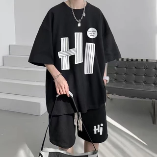 ไซส์ใหญ่ชุดสูทผู้ชาย คอกลมเสื้อยืด+กางเกงขาสั้นผ้าวาฟเฟิล ชุดเซ็ทผู้ชายชุดคู่