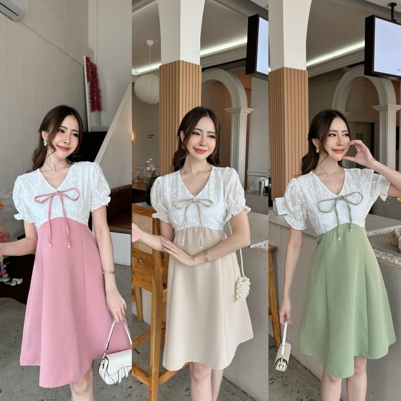 C100-Lalarlan dress ชุดเดรสแขนตุ๊กตาแต่งผ้าลุกไม้พร้อมมุขน่ารักๆติดโบว์มีสายผูกเอว