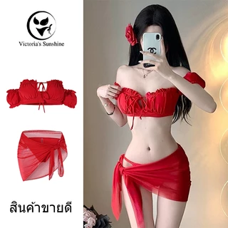 ชุดว่ายน้ำผู้หญิง บิกินี่2ชิ้น+ชุดคลุม ชุดสูทสีแดง รุ่นใหม่ มีฟองน้ำ สายรัดปรับระดับได้SML#0309