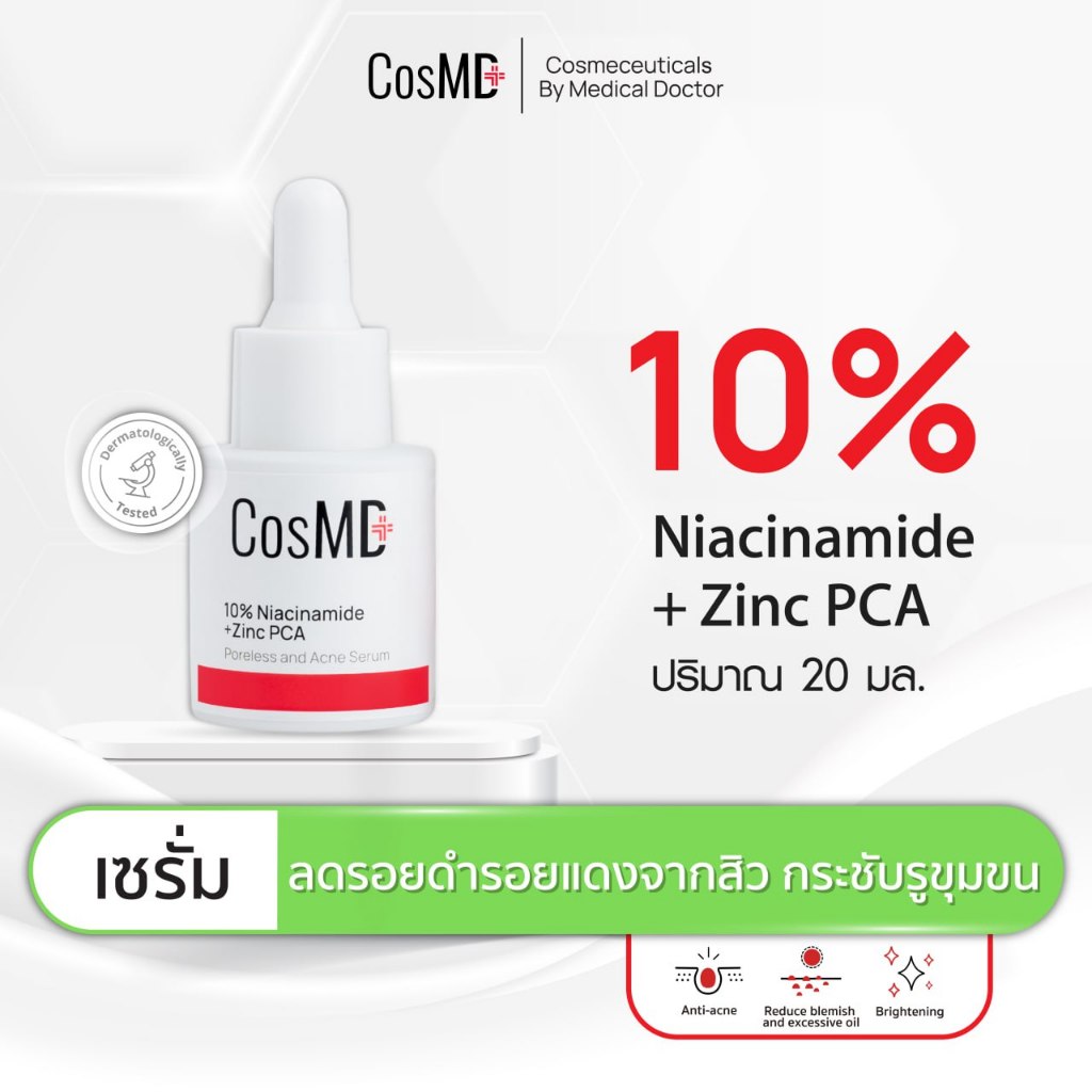CosMD เซรั่ม ลดการเกิดสิว, ความมันส่วนเกิน, ลดความหมองคล้ำ, ผิวกระจ่างใส 10% Niacinamide +  Zinc PCA