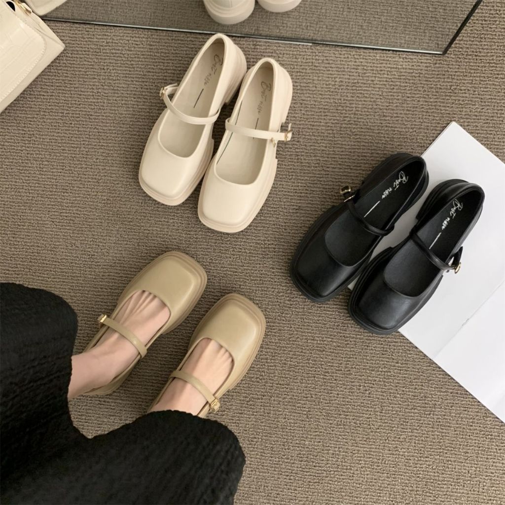 🔥พร้อมส่ง🔥รองเท้าแมรี่เจนพื้นหนาสไตล์ฝรั่งเศสรองเท้าหนังเล็กสไตล์อังกฤษ คุณภาพสูง Mary Jane Mule