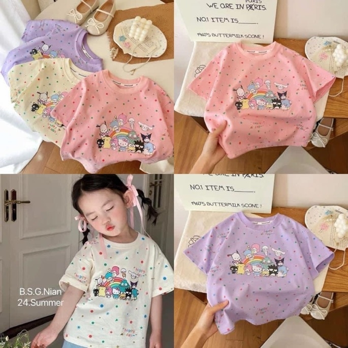 พร้อมส่ง เสื้อยืดเด็กยกขบวน Sanrio ผ้าไหมนมหนา ใส่สบาย งานสกรีนลาย สีหวานสดใส มีขนาด 100 - 150
