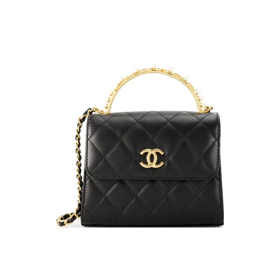 Chanel/Pearl Handle หนังแกะ/กระเป๋าสี่เหลี่ยมเล็ก/กระเป๋าสะพายข้าง/กระเป๋าผู้หญิง/สีดำ ของแท้ 100%