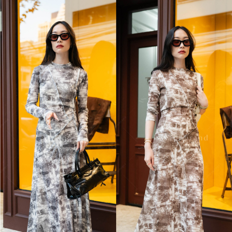 พร้อมส่ง Maxi เดรสแขนยาวพิมพ์ลาย ป้ายงาน vshop