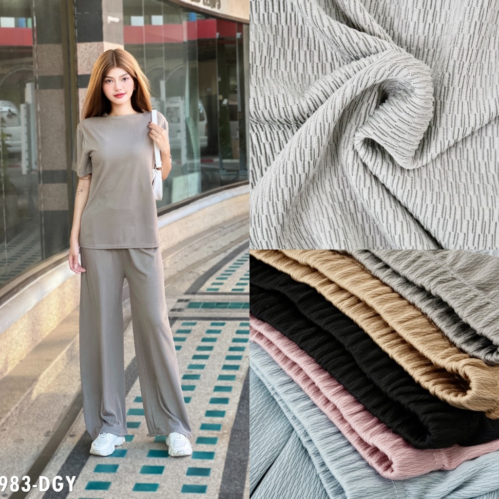 5 colors อัดพลีท ชุดเซ็ท ชุดเซทสีพื้ีนเเขนสั้นของผู้หญฺิง แฟชั่นสไตล์เกาหลี (เสื้อ+กางเกงขายาว) ผ้านิ่ม TZ9983