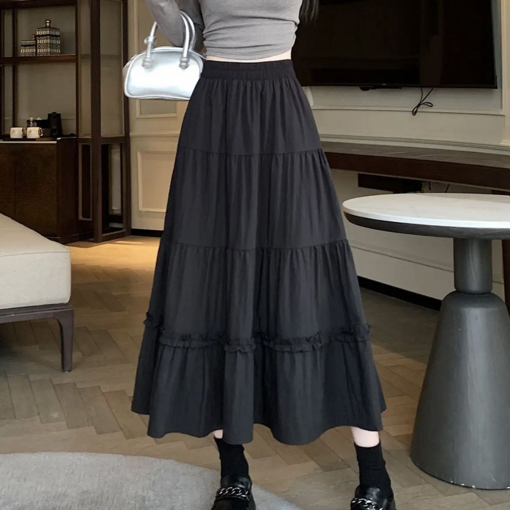 กระโปรงสีพื้น ใส่ไปทะเล เอวยางยืดใส่สบาย (Broomstick Skirt )