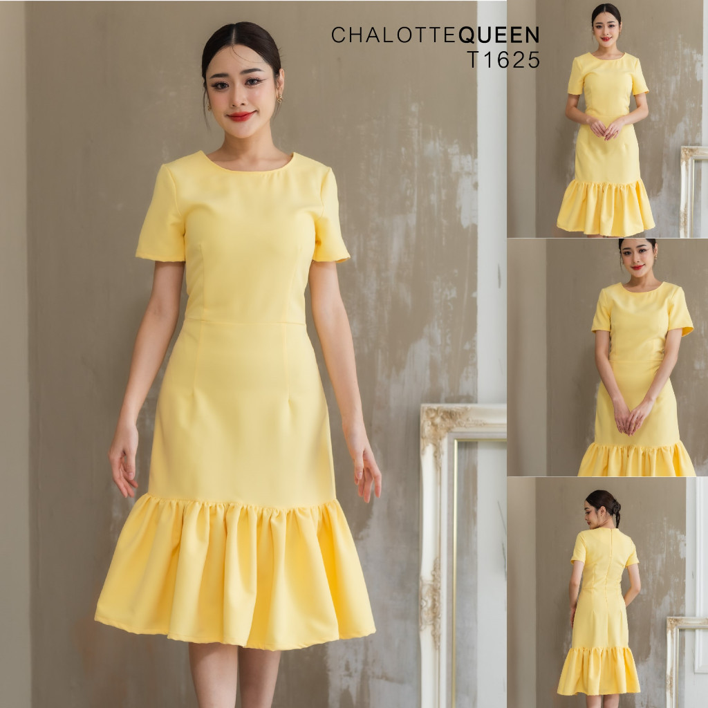 TEESBRAND T1625 ชุดทำงานสีเหลือง ทรงหางปลา คอกลม แขนสั้น ชุดเหลืองไปงาน เดรสเหลือง