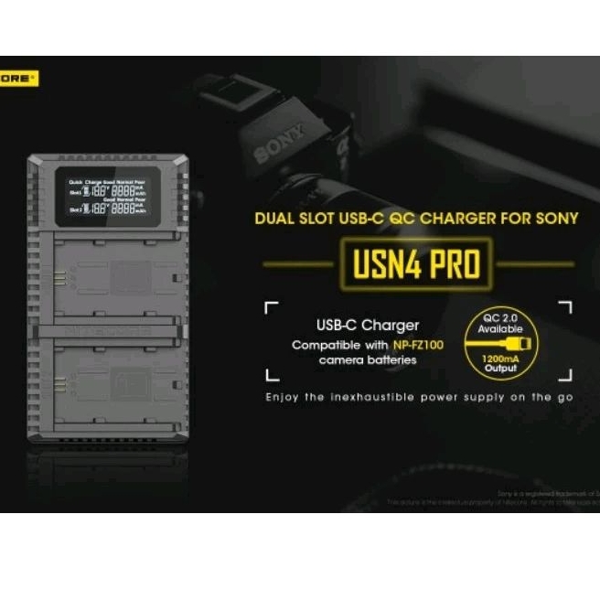 [ใหม่ USB-C] NITECORE USN4 Pro แท่นชาร์จแบต Sony fz100 A7iv A7cii A7Cr A73 FX3 FX30 A74 A7Riv A9, A7iii A7riii a6600 a7c