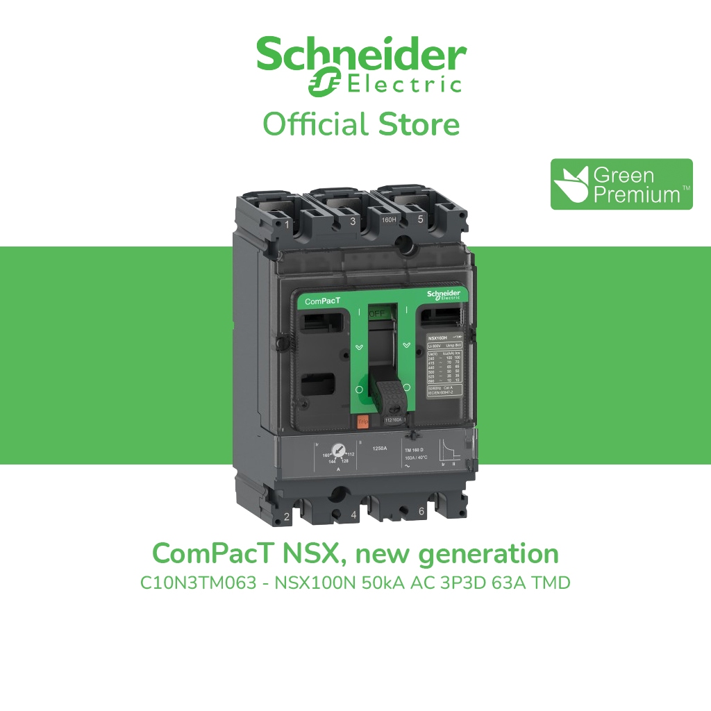 Schneider Electric เซอร์กิตเบรกเกอร์, ComPacT NSX100N, 50kA/415VAC, 3 โพล, TMD ทริปยูนิต 63A