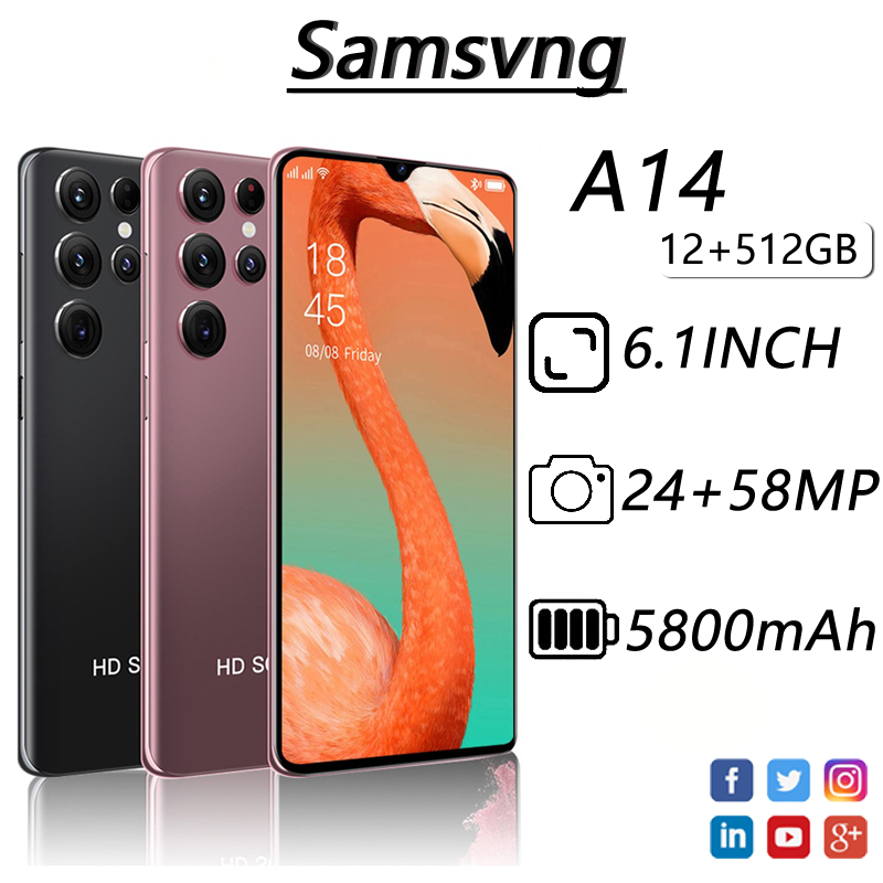 สมาร์ทโฟน Samsvng A14 หน้าจอขนาดใหญ่ 7.2 นิ้ว 12+512GB พื้นที่เก็บข้อมูล 5G โทรศัพท์มือถือรับประกันหนึ่งปี