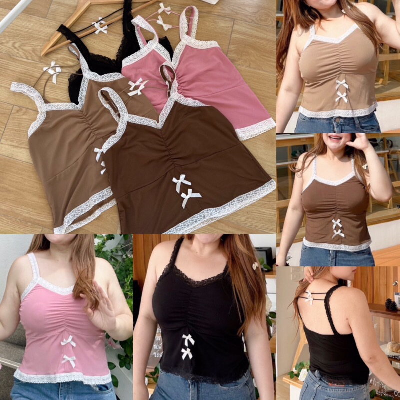 เสื้อสายเดี่ยว แต่งสายชายลูกไม้ ติดโบว์ นุ่มนิ่มยืดได้เยอะ สาวอวบพลัสไซส์ (มีไซส์อก34-50)