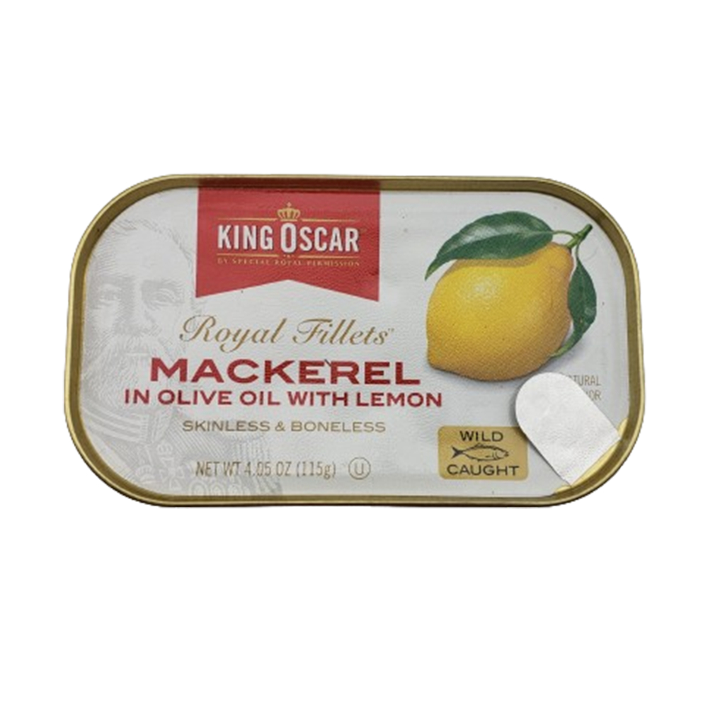 King Oscar Mackerel in Olive Oil With Lemon เนื้อปลาแมคเคอเรล ปรุงรสในน้ำมันมะกอก ผสม เลม่อน ตรา คิง