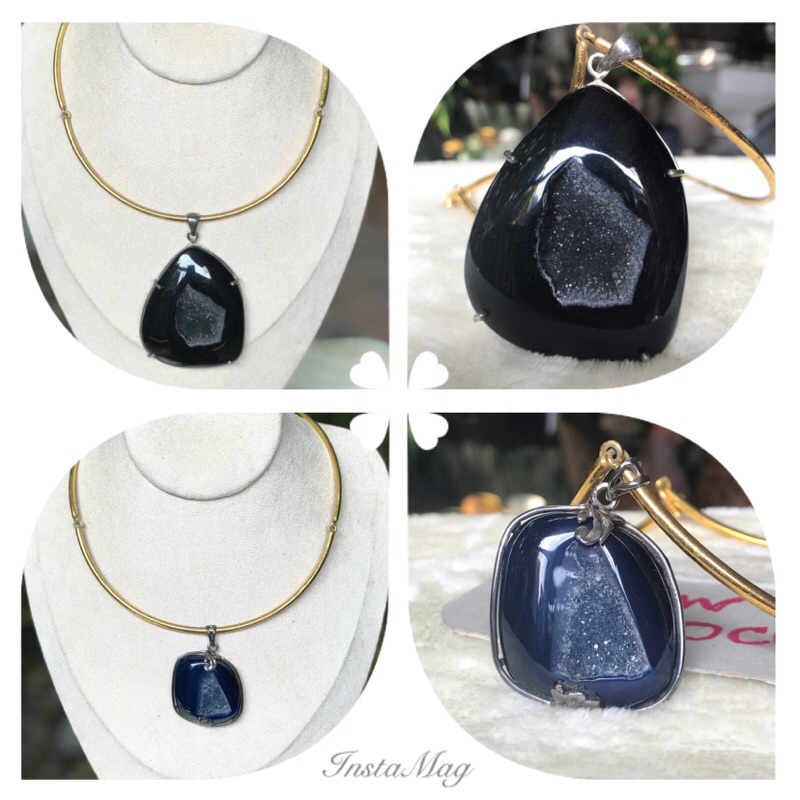 ไม่รวมโช๊ค จี้เงินหินอาเกตสีดำ/สีน้ำเงินเข้ม Natural Black Onxy Druzy Agate /Navy Blue Onyx Druzy Ag