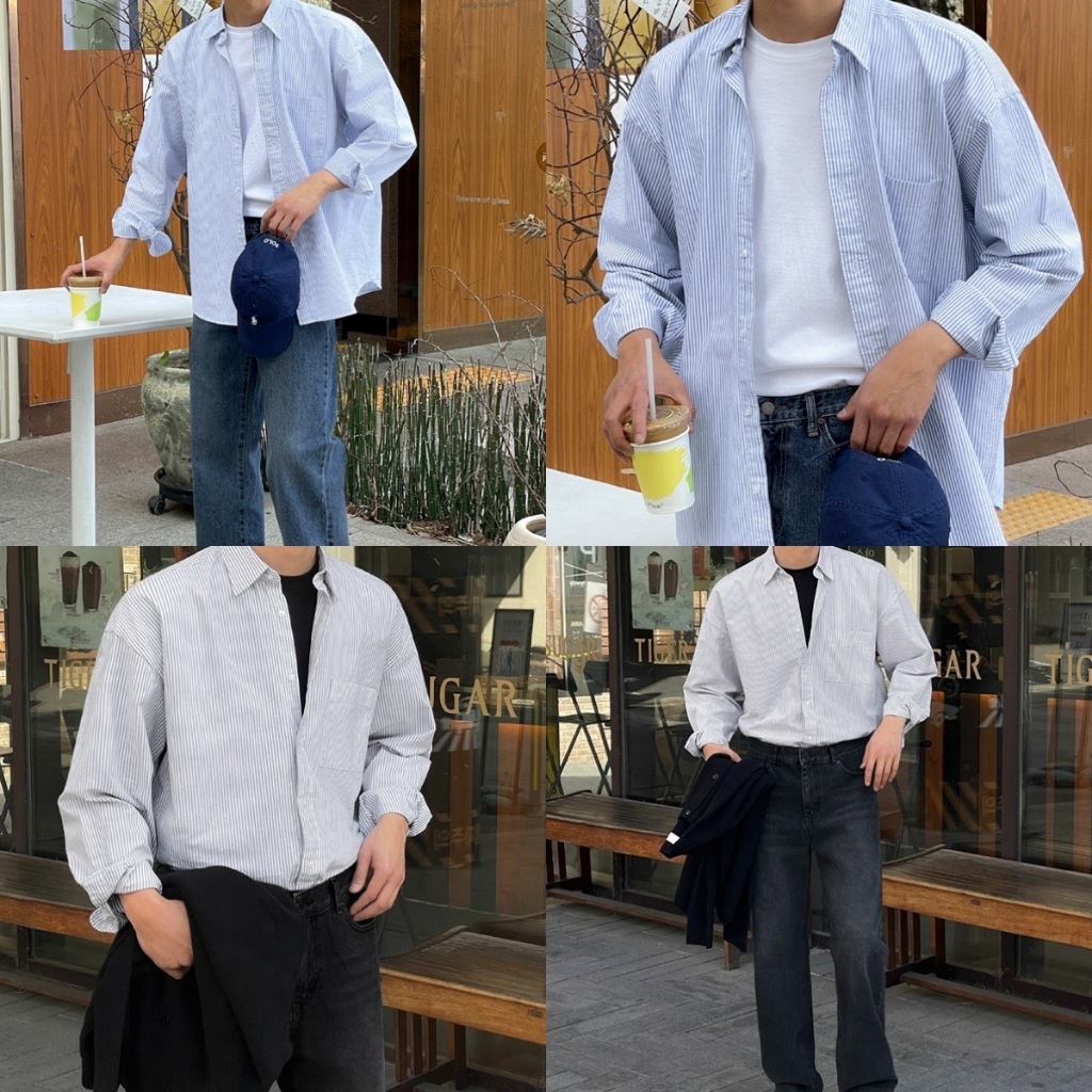 เสื้อเชิ้ตแขนยาว ลายทางลง ผ้าหนา ไม่บาง สไตล์เกาหลี SL69
