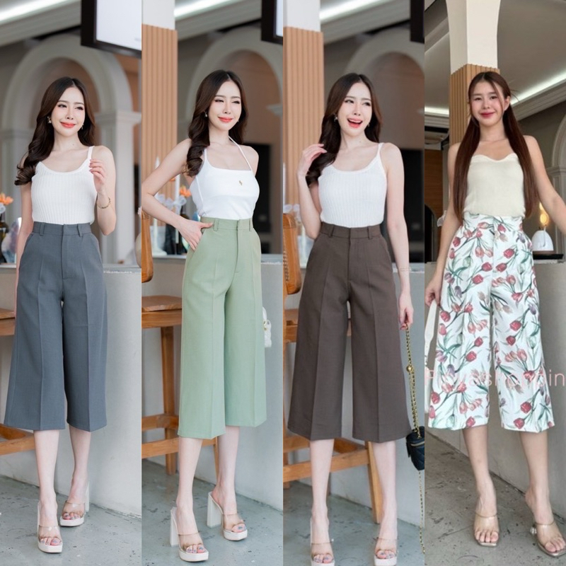 กางเกงขา4ส่วนเอวสูงลายดอกไม้สดใสรับSummerตะขอหน้ามีกระเป๋าทรงเอเป๊ะมั่ก✅