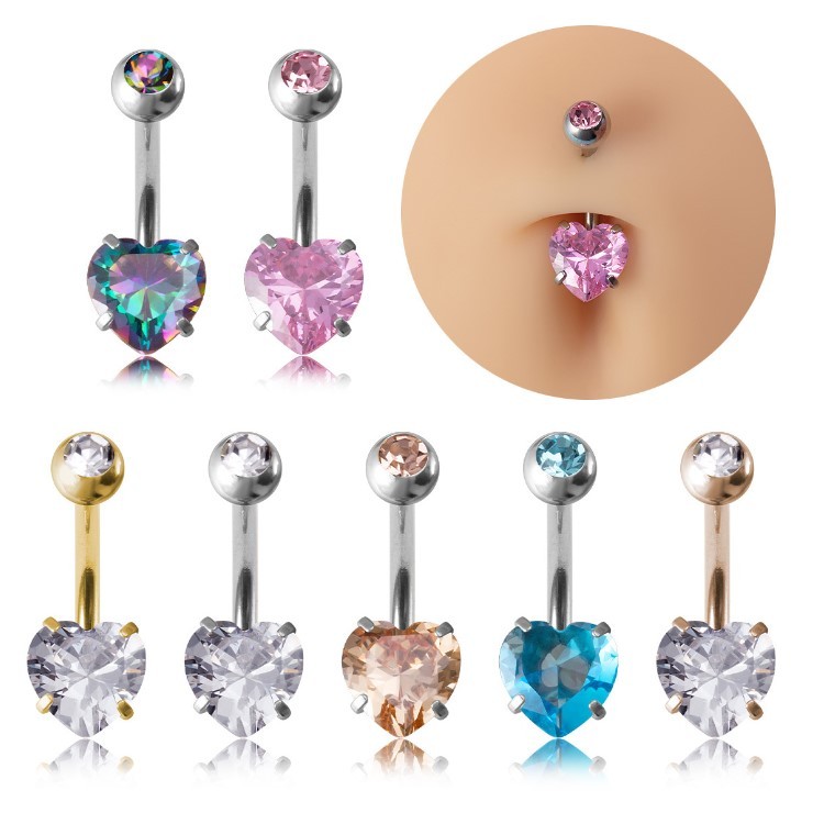 จิวสะดือ รูปหัวใจ Stainless Steel Pole Heart-Shaped Zircon Piercing Jewelry Body Piercing Navel Ring Love Navel Nail