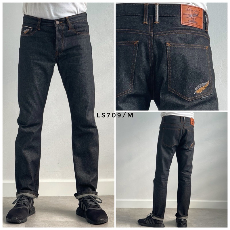 ริมแดง กางเกงยีนส์ผู้ชายทรงสลิมผ้ายืดสีมิดไนท์ปักลายขนนก LS709
