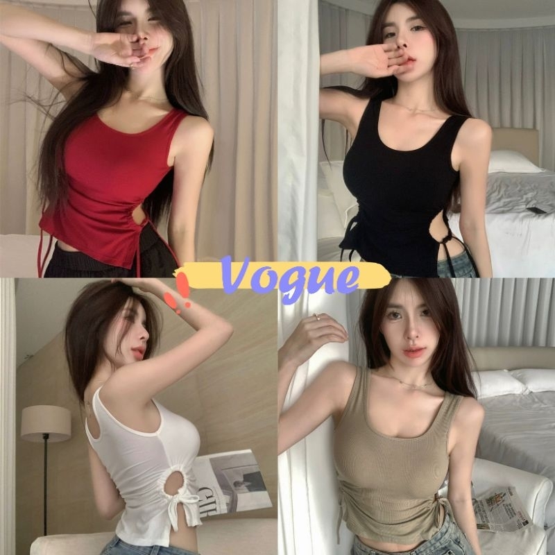 Vogue พร้อมส่ง เสื้อกล้าม มีฟิงน้ำ ดีเทลเว้าเอวสองข้าง สีพื้นใสบาย รัดตัว (FY6843)