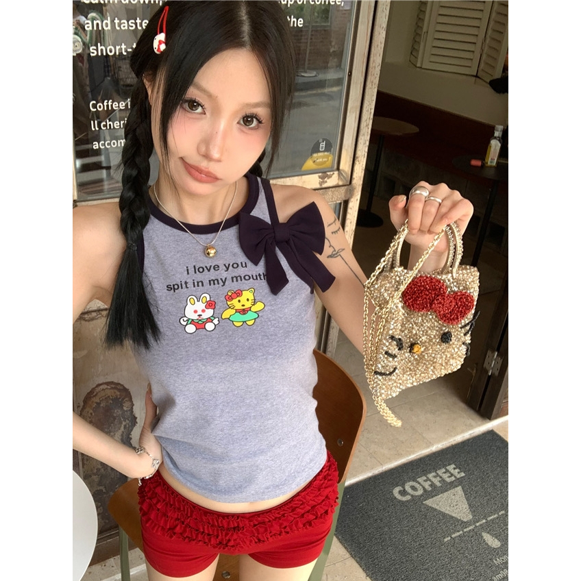 Cicishop(93135)เสื้อยืดแขนกุด สายสีสัน ประดับโบว์ น่ารักคิขุ พิมพ์ลายการ์ตูน