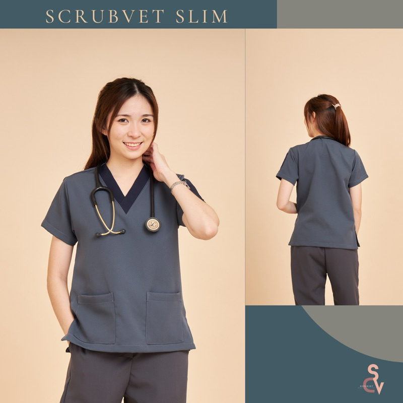 scrubvet [รุ่น SLIM]: เสื้อสครับสีเทาเข้ม ตัดแถบคอสีกรม (เฉพาะเสื้อ)