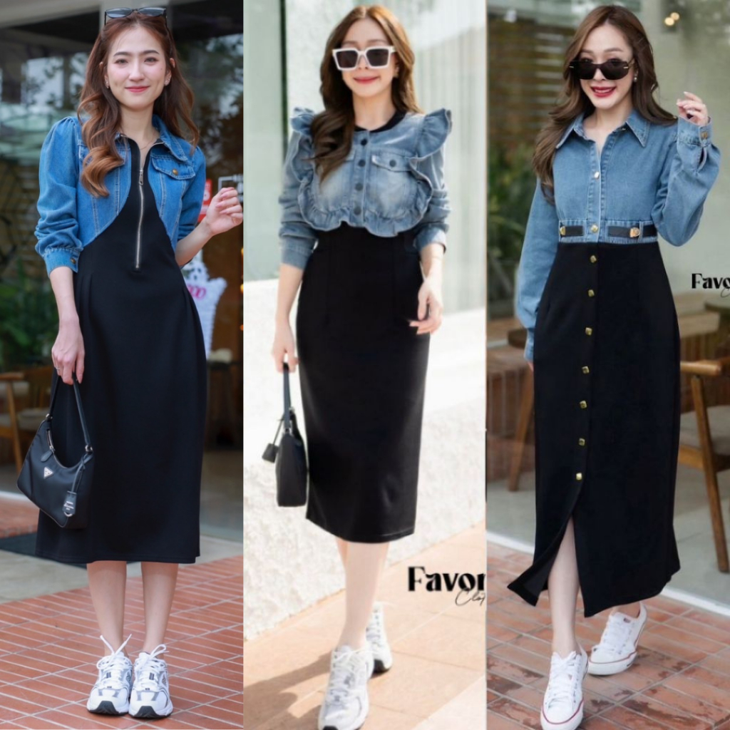 Favorite clothing เดรสผ้ายืดแต่งยีนส์ งานมีซิปหลังใส่ง่าย  T-Shirtnista.​ (FA21A)