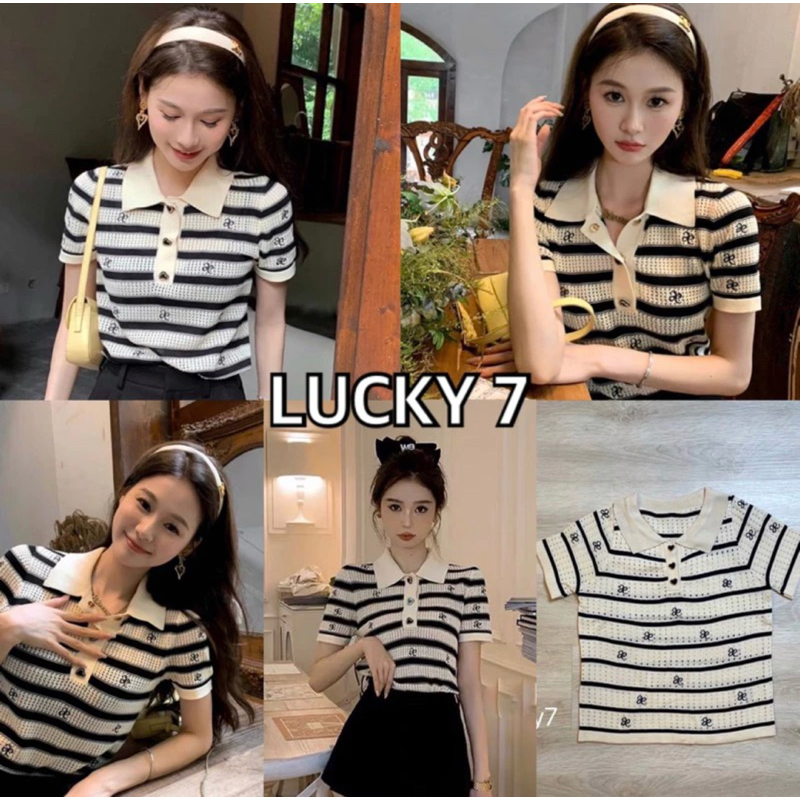 818 เสื้อคอปกผ้าไหมพรม ลายทางปักลายปังสุดๆ