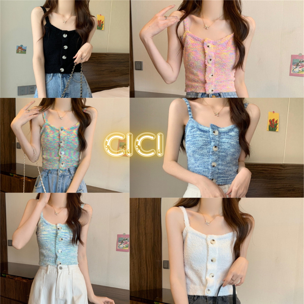 ส่งทันที Cici(NO. 54152)เสื้อสายเดี่ยวไหมพรม ขนนุ่ม กระดุมแต่ง คุมโทนสาวหวาน